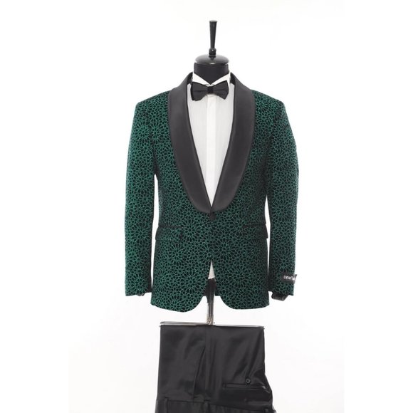 Derman Green Floral Patterned Glitter Luxury 2 Piece Tuxedo
